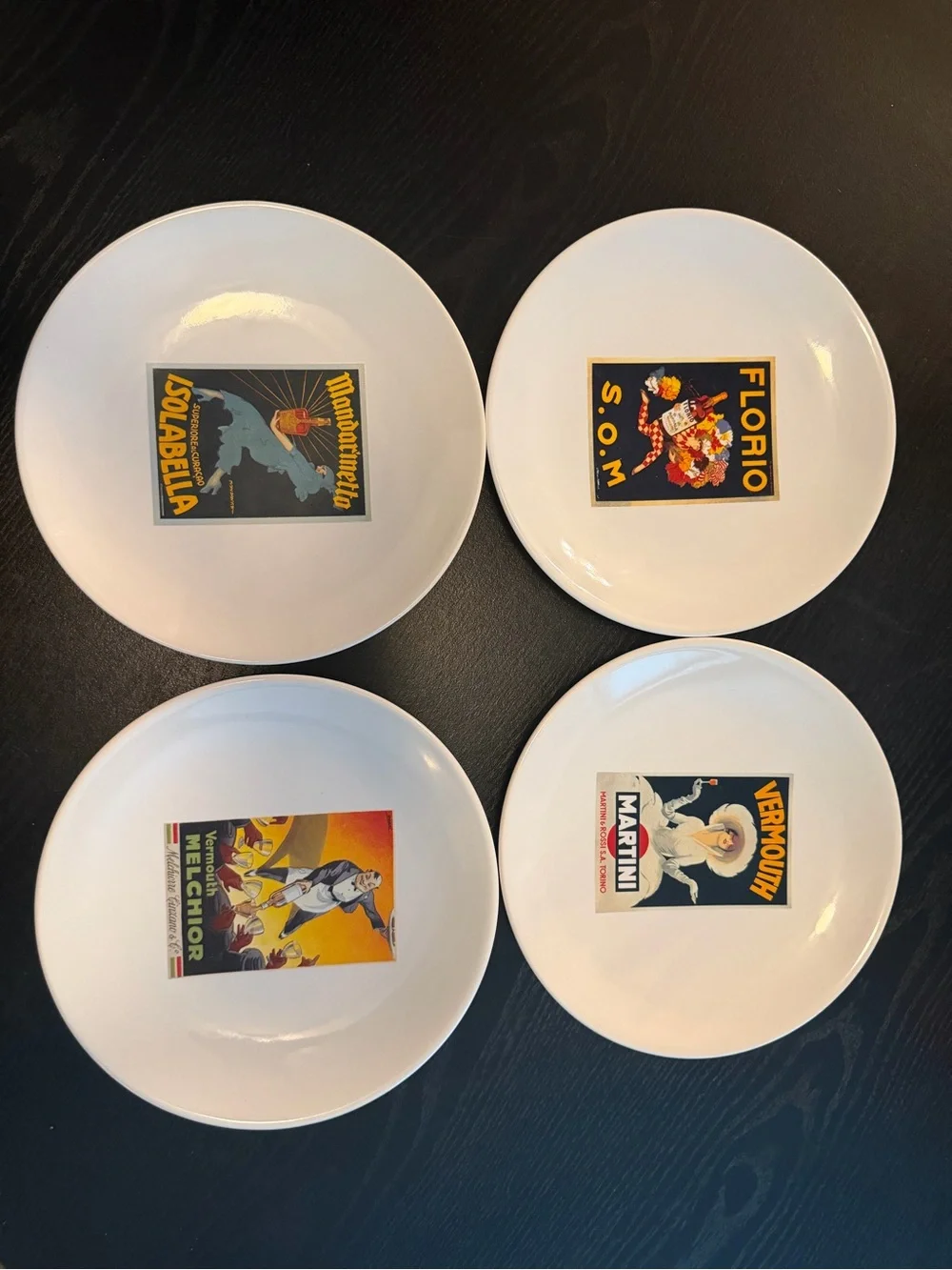 Pottery Barn White Ceramic Dessert Plates with Vintage Poster Decals - Set of 4